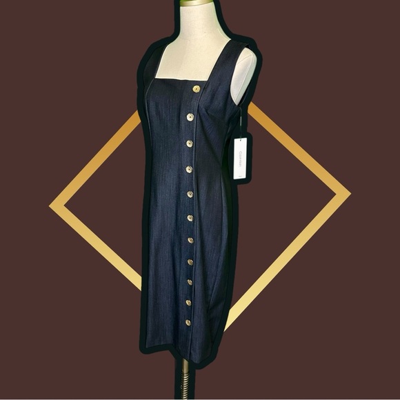 NWT Calvin Klein Navy Blue Chambray Asymmetric Gold Button Up Sheath Dress Sz 4 - Picture 5 of 16